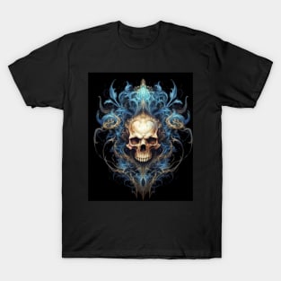 Skull on Blue Fire: Baroque Vintage Ornament Background T-Shirt